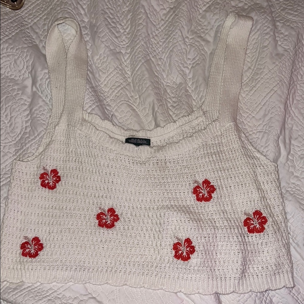 White Crochet Tank Top with Red Floral Embroidery